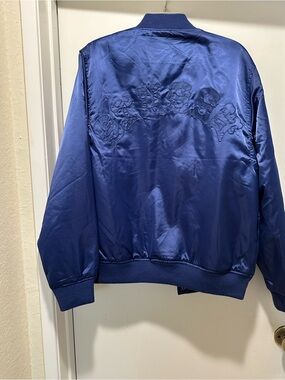 Vintage Stussy Royal Blue Satin Bomber Jacket w Embroidery on Back Medium Y2K